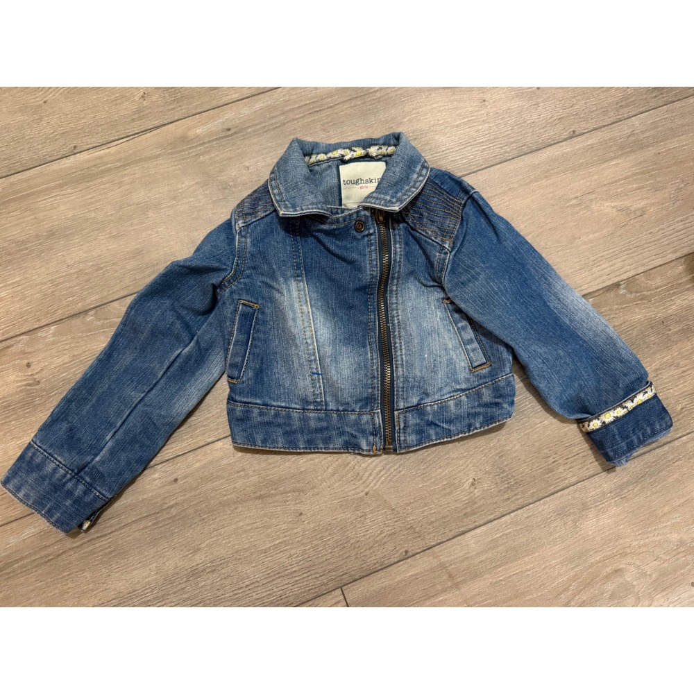 Toughskins Girls Blue Denim Moto Jacket Daisy Floral Trim Size 2T